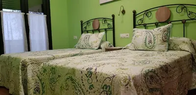 a bedroom with two beds and a green wall at A Fragua in Tapia de Casariego