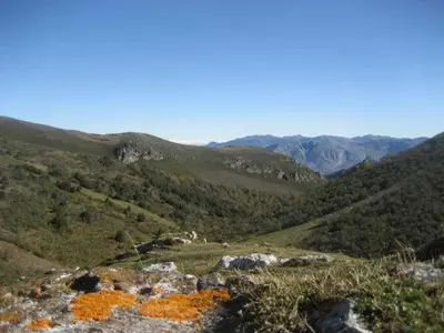 a view of a mountain with hills and trees at Apartamentos Valdecarzana Senda del Oso in San Martín