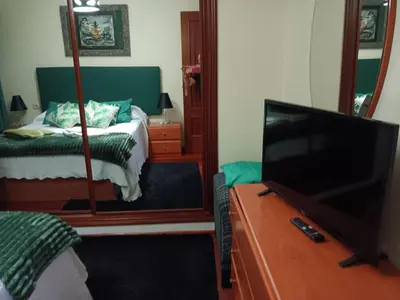 a bedroom with a bed and a flat screen tv at Piso zona Campus-Lagunas in Ourense