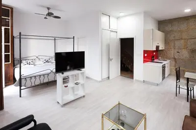 a living room with a television and a room with a bed at Vintage Ribadavia in Ribadavia