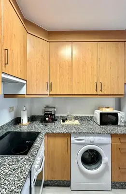 a kitchen with a washing machine and a microwave at Lemos Sol in Monforte de Lemos