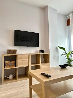 a living room with a flat screen tv on a white wall at Lemos Sol in Monforte de Lemos