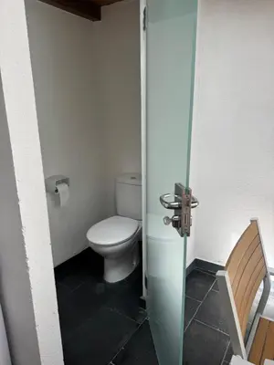 a bathroom with a toilet and a glass door at Casa Jovellanos de Casas Das Figueiras en Ría Eo-Ribadeo in Castropol