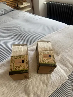 two boxes sitting on top of a bed at Casa Jovellanos de Casas Das Figueiras en Ría Eo-Ribadeo in Castropol