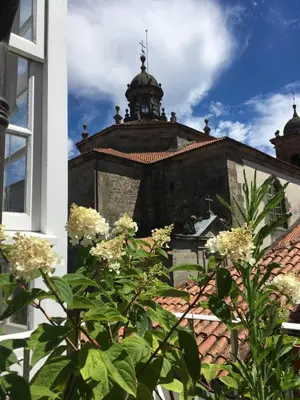 an old building with a tower on top of a roof at Albergue Azabache in Santiago de Compostela