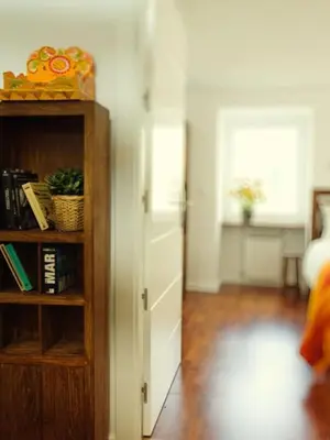a living room with a book shelf and a bedroom at La Postoca in Viavélez