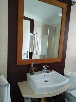 a bathroom with a white sink and a mirror at La Postoca in Viavélez