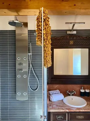 a bathroom with a sink and a shower and a mirror at Casa Compostela in Bama