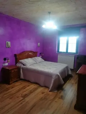 a bedroom with a bed and a purple wall at Hostería Casa Flor in Murias de Rechivaldo