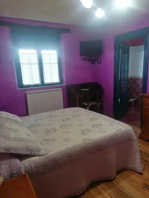 a bedroom with purple walls and a bed and a television at Hostería Casa Flor in Murias de Rechivaldo