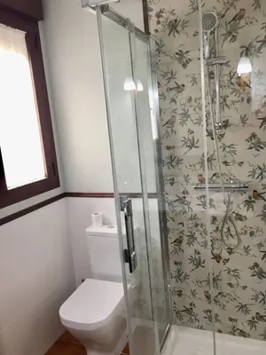 a bathroom with a toilet and a glass shower at Hotel Rural Nova Ruta in Trabadelo