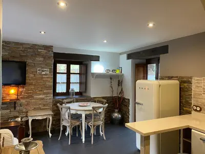 a kitchen and dining room with a table and a refrigerator at Casas Rurales TAReira en Taramundi in Taramundi