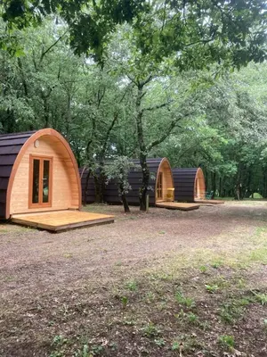 a couple of tiny houses in a park at Camping Vila de Sarria in Sarria