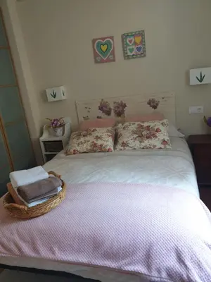 a bedroom with a bed with a basket on it at Apartamento Cine Colón 2 in Ribadeo