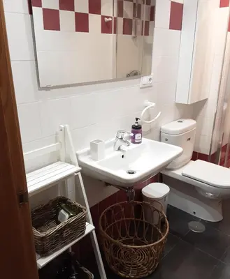 a bathroom with a sink and a toilet and a mirror at Apartamento Cine Colón 2 in Ribadeo
