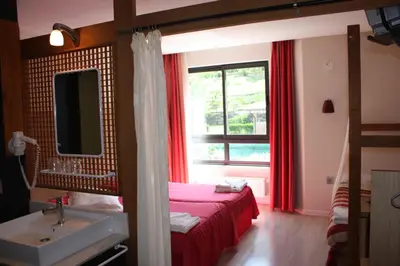 a bedroom with a bed and a sink and a window at Hotel Castillo del Alba in Pola de Somiedo