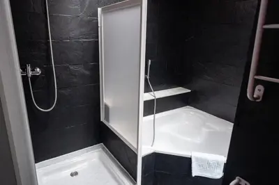 a bathroom with a shower and a bath tub at Hotel Castillo del Alba in Pola de Somiedo