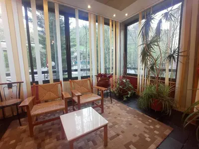 a room with chairs and tables and large windows at Hotel Castillo del Alba in Pola de Somiedo