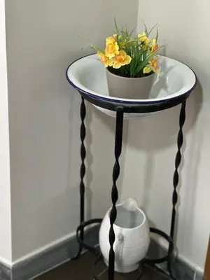 a table with a pot of flowers on it at La Casa del Maestro in Rabanal