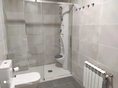 a bathroom with a toilet and a shower at Villa Trabazos Abellas in Ourense