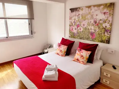 a bedroom with a large white bed with red pillows at Amplio piso próximo a la Catedral y el Camino. C2 in Santiago de Compostela