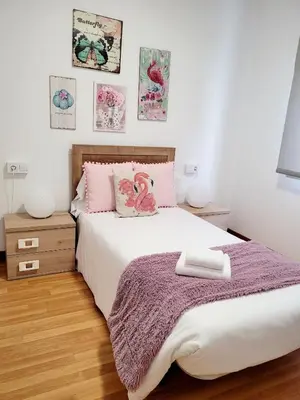 a bedroom with a large bed with pink pillows at Amplio piso próximo a la Catedral y el Camino. C2 in Santiago de Compostela