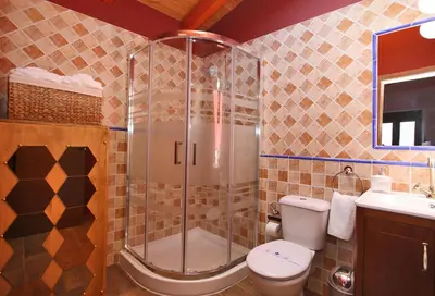 a bathroom with a shower and a toilet and a sink at Apartamentos Rurales San Xillao in Ribadeo