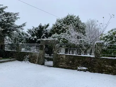 a fence covered in snow with trees behind it at Casa Ferreiro - Campo da Cruz - Lugo in Baltar