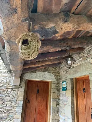 a building with two wooden doors and a roof at Casa Ferreiro - Campo da Cruz - Lugo in Baltar