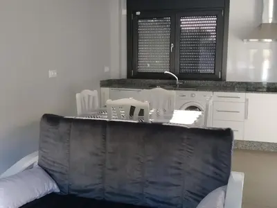 a kitchen with a counter with a sink and a dishwasher at Carballos Altos-Apartamentos Turísticos in Arzúa