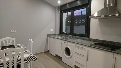 a kitchen with a washing machine and a window at Carballos Altos-Apartamentos Turísticos in Arzúa