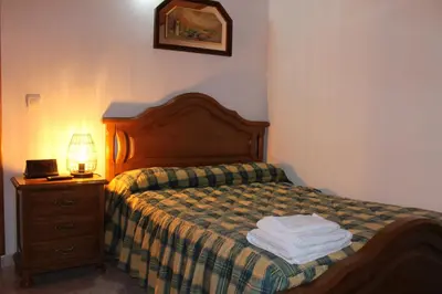 a bedroom with a bed and a lamp on a night stand at La Puchera in Cangas del Narcea