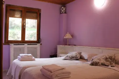 a bedroom with a bed with purple walls and a window at La Puchera in Cangas del Narcea