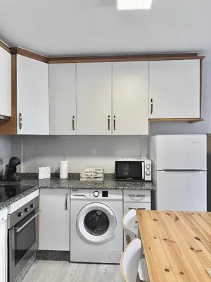 a kitchen with white cabinets and a washing machine at Lemos Nube in Monforte de Lemos