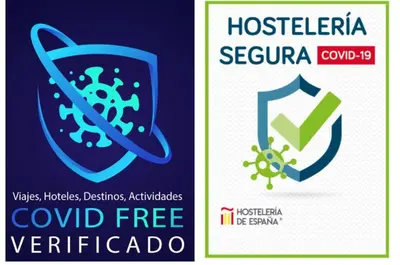 a logo for a corona virus outbreak next to a hospital sign at Oktheway San Eufrasio in Sarria