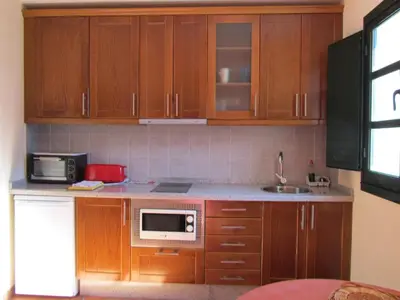 a kitchen with wooden cabinets and a microwave at Apartamentos Rurales Casa Baltasar in Monasterio De Hermo
