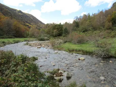 a river with rocks in the middle of a valley at Apartamentos Rurales Casa Baltasar in Monasterio De Hermo