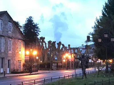 a statue of a man standing on a street at night at Apartamento Padrón Centro P1 by URent in Padrón