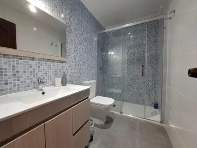 a bathroom with a toilet and a sink and a shower at Luna - Disfruta de Ourense en este piso con terraza en el casco histórico in Ourense