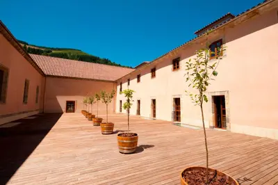 a row of potted trees in barrels on a courtyard at Parador de Corias in Cangas del Narcea