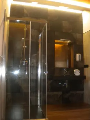 a glass shower in a bathroom with a mirror at Casa de Aldea Araceli in Berducedo