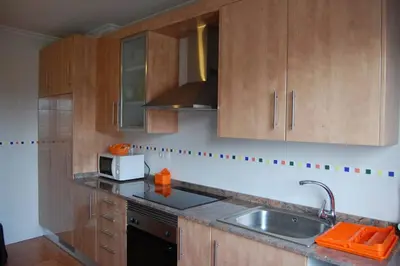 a kitchen with wooden cabinets and a sink and a microwave at La Casa de Lines in Monforte de Lemos