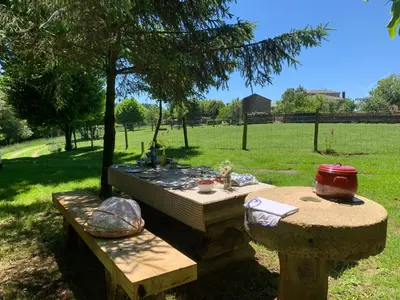 a picnic table with a tea pot on it in a park at Cabaña - A Pastoriza - Lugo in Baltar