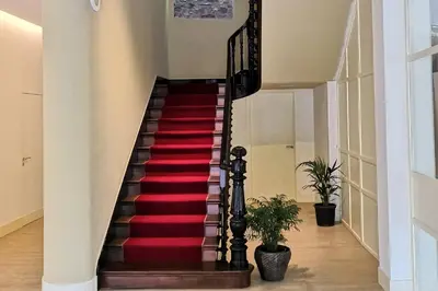 a red carpeted staircase in a building with two plants at Hotel Roma in Sarria