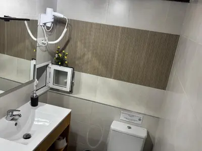 a bathroom with a sink and a toilet and a mirror at Albergue Rectoral de Romean in Lugo