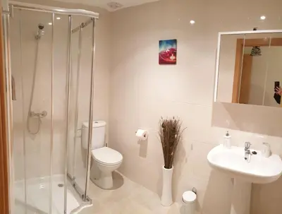 a bathroom with a shower and a toilet and a sink at Slow House Sarria in Sarria