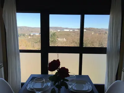 a table with a vase with a rose on it in front of a window at APARTAMENTO MANUEL MARIA in Allariz