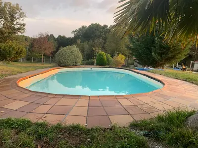 a swimming pool in a yard with a brick patio at A PORTELA - Pereiro de Aguiar in Covas