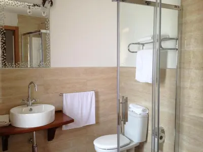 a bathroom with a toilet and a sink and a shower at Alojamiento Pazos in Cea