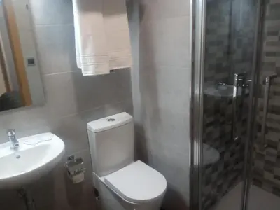 a bathroom with a toilet and a sink and a shower at Hostal Outarelo in Ourense
